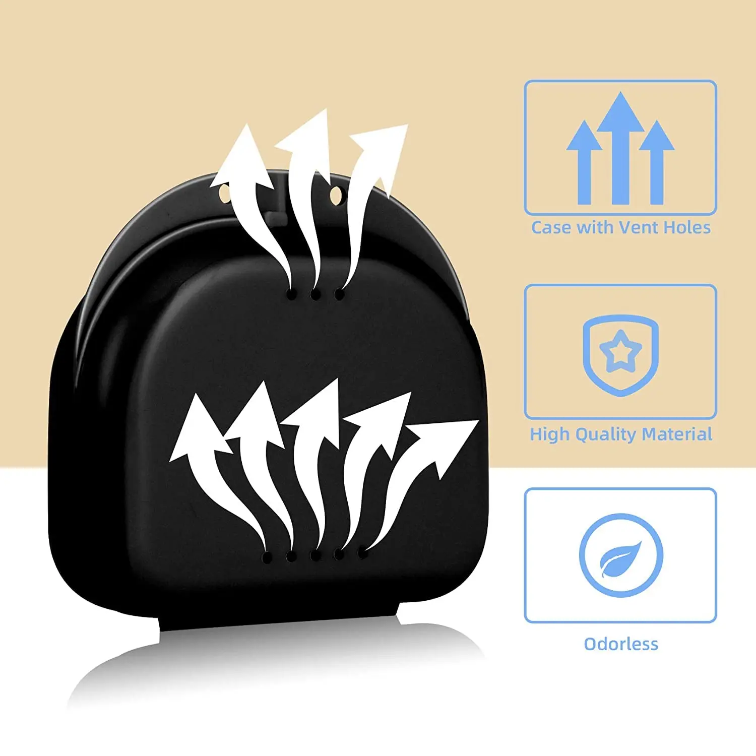 Black retainer box made of sturdy plastic, ideal for storing and protecting mouth guards, dentures, and orthodontic retainers, keeping them safe, clean, and free from damage and bacteria.