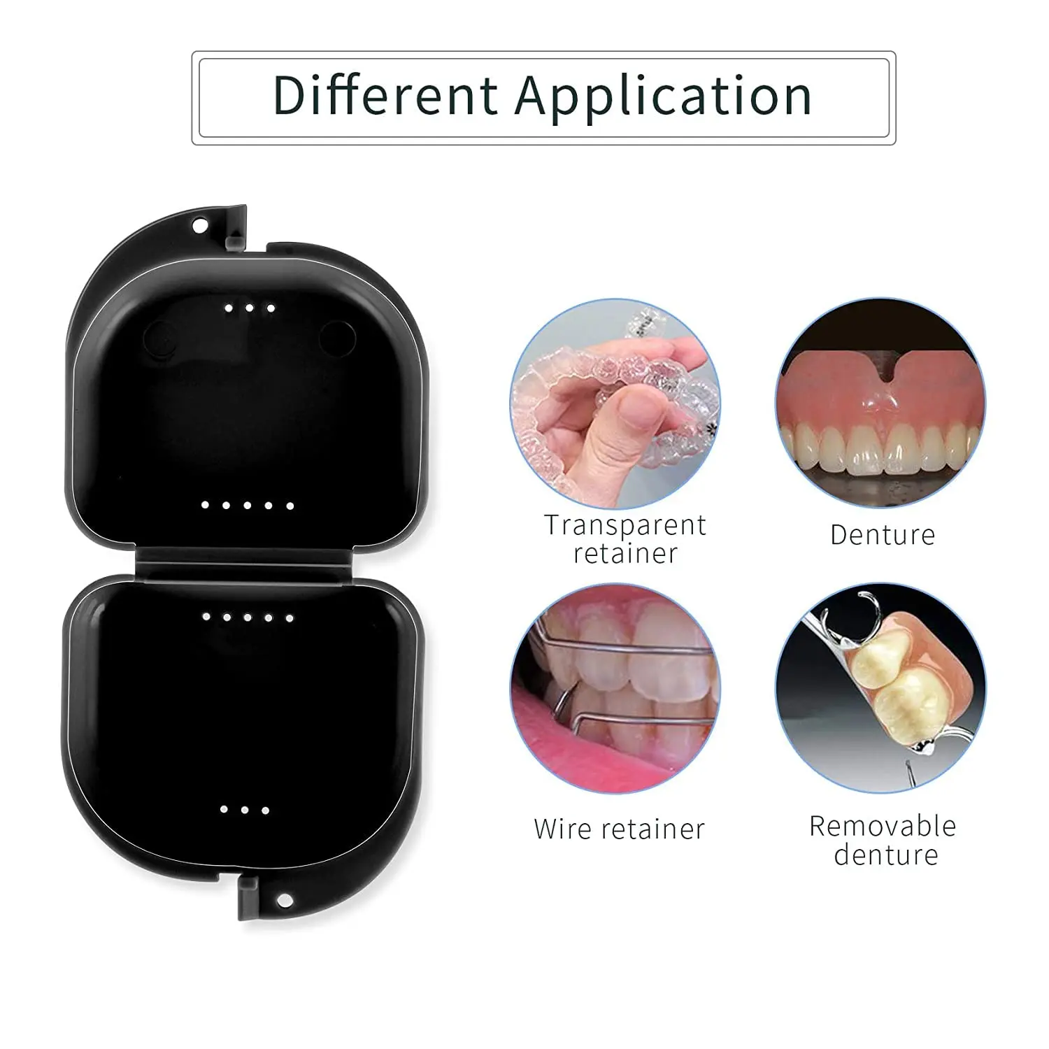 Black retainer box made of sturdy plastic, ideal for storing and protecting mouth guards, dentures, and orthodontic retainers, keeping them safe, clean, and free from damage and bacteria.