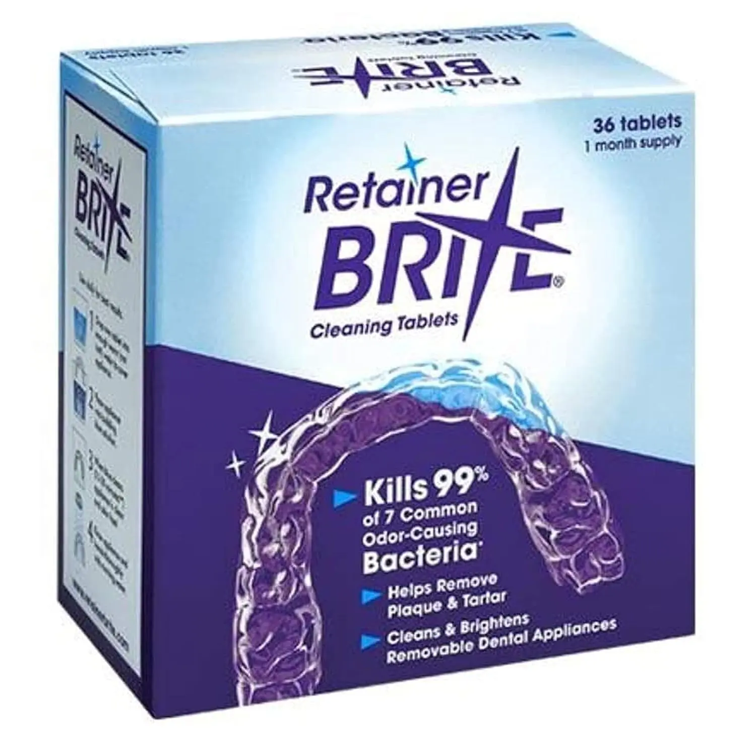 Retainer Brite box with 36 cleansing tablets, providing a one-month supply for cleaning and maintaining clear dental retainers and aligners.