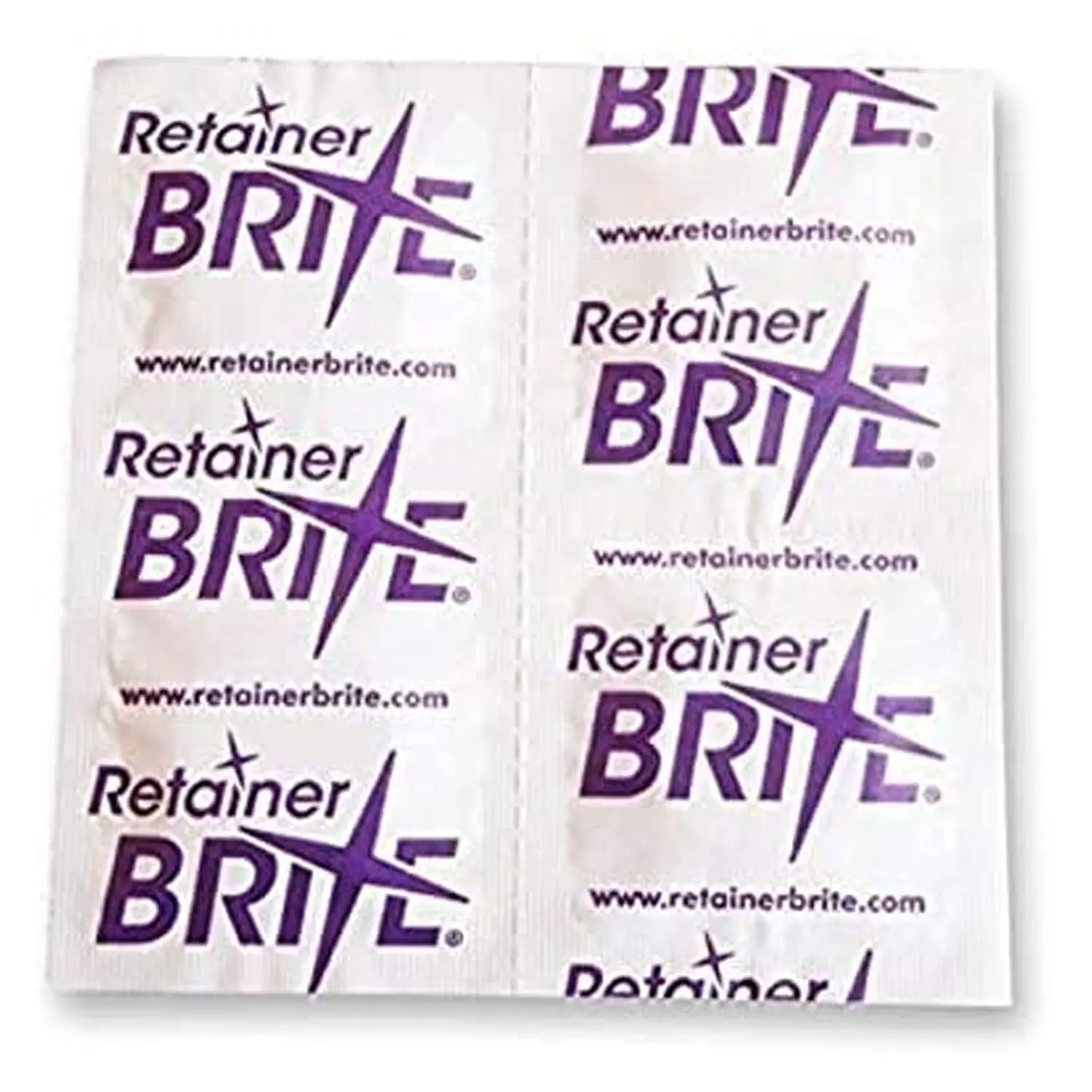 Retainer Brite box with 36 cleansing tablets, providing a one-month supply for cleaning and maintaining clear dental retainers and aligners.