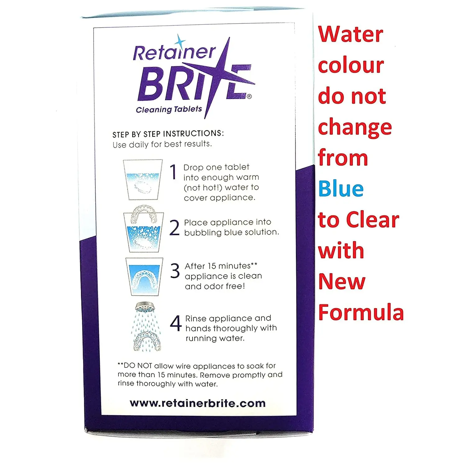 Retainer Brite box with 36 cleansing tablets, providing a one-month supply for cleaning and maintaining clear dental retainers and aligners.