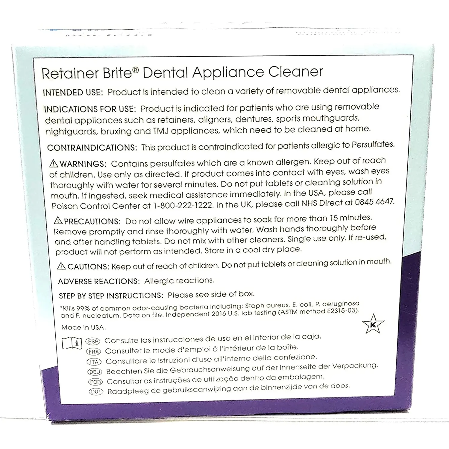 Retainer Brite box with 36 cleansing tablets, providing a one-month supply for cleaning and maintaining clear dental retainers and aligners.