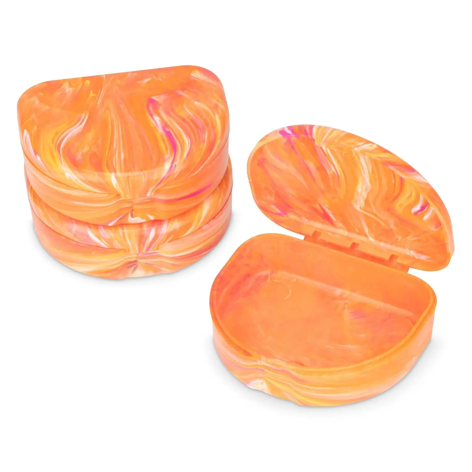 This pack of three USA-made, BPA-free plastic retainer cases in assorted colors features a vented hinge and includes identification stickers, with an interior depth of 7/8 inch, ideal for storing orthodontic aligners or mouth guards.
