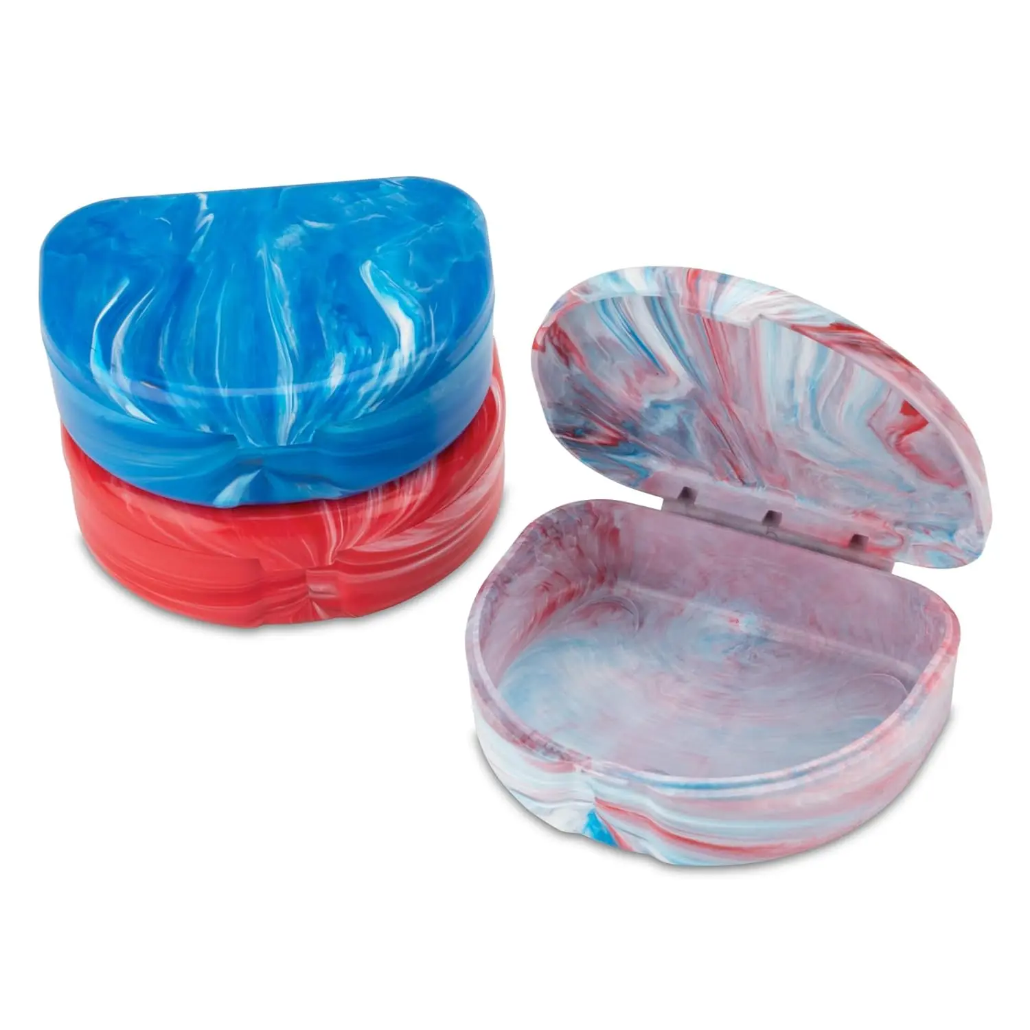 This pack of three USA-made, BPA-free plastic retainer cases in assorted colors features a vented hinge and includes identification stickers, with an interior depth of 7/8 inch, ideal for storing orthodontic aligners or mouth guards.