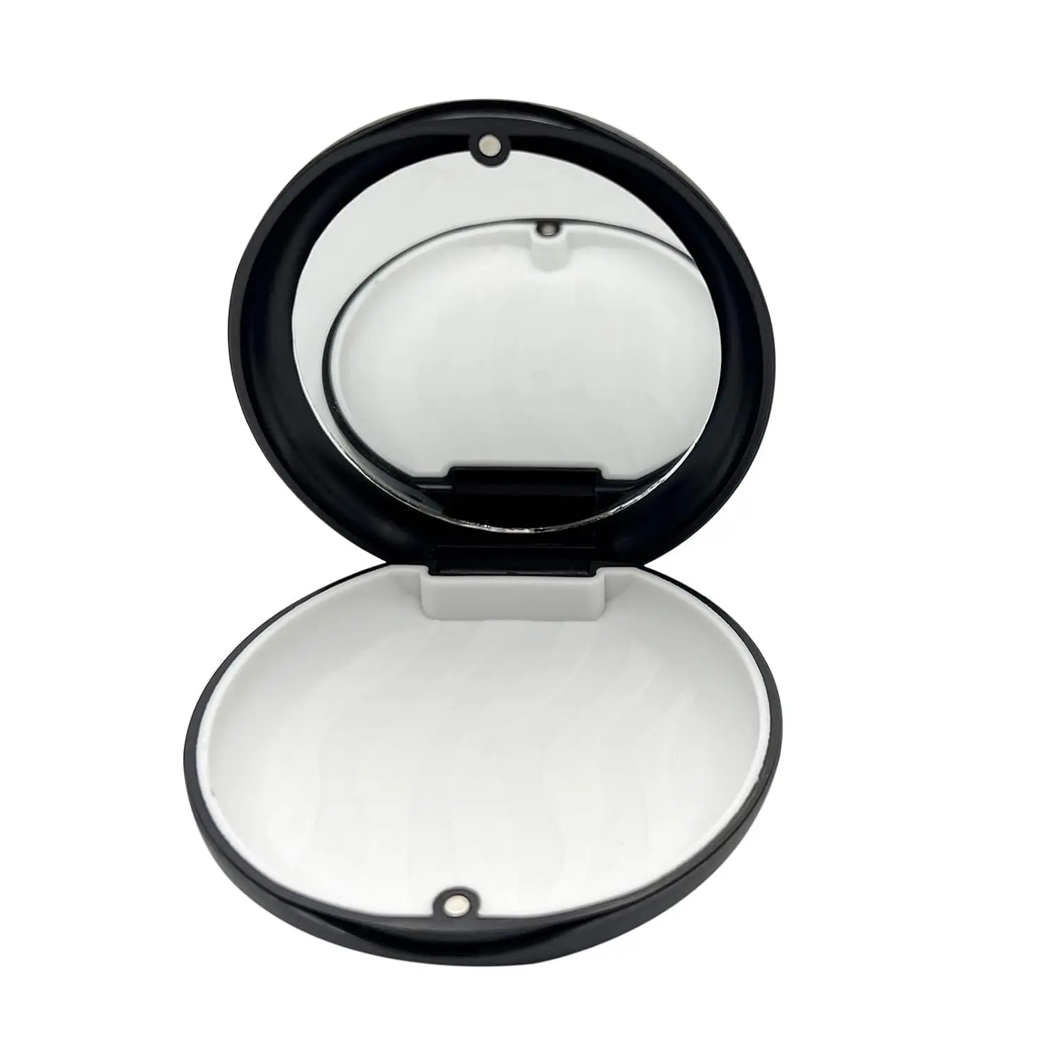 Black orthodontic retainer case with inlaid mirror and magnetic closure for easy aligner removal.