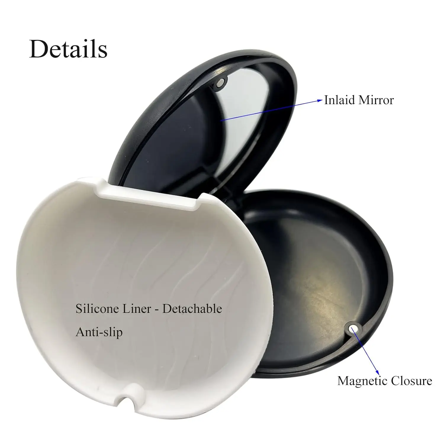 Black orthodontic retainer case with inlaid mirror and magnetic closure for easy aligner removal.