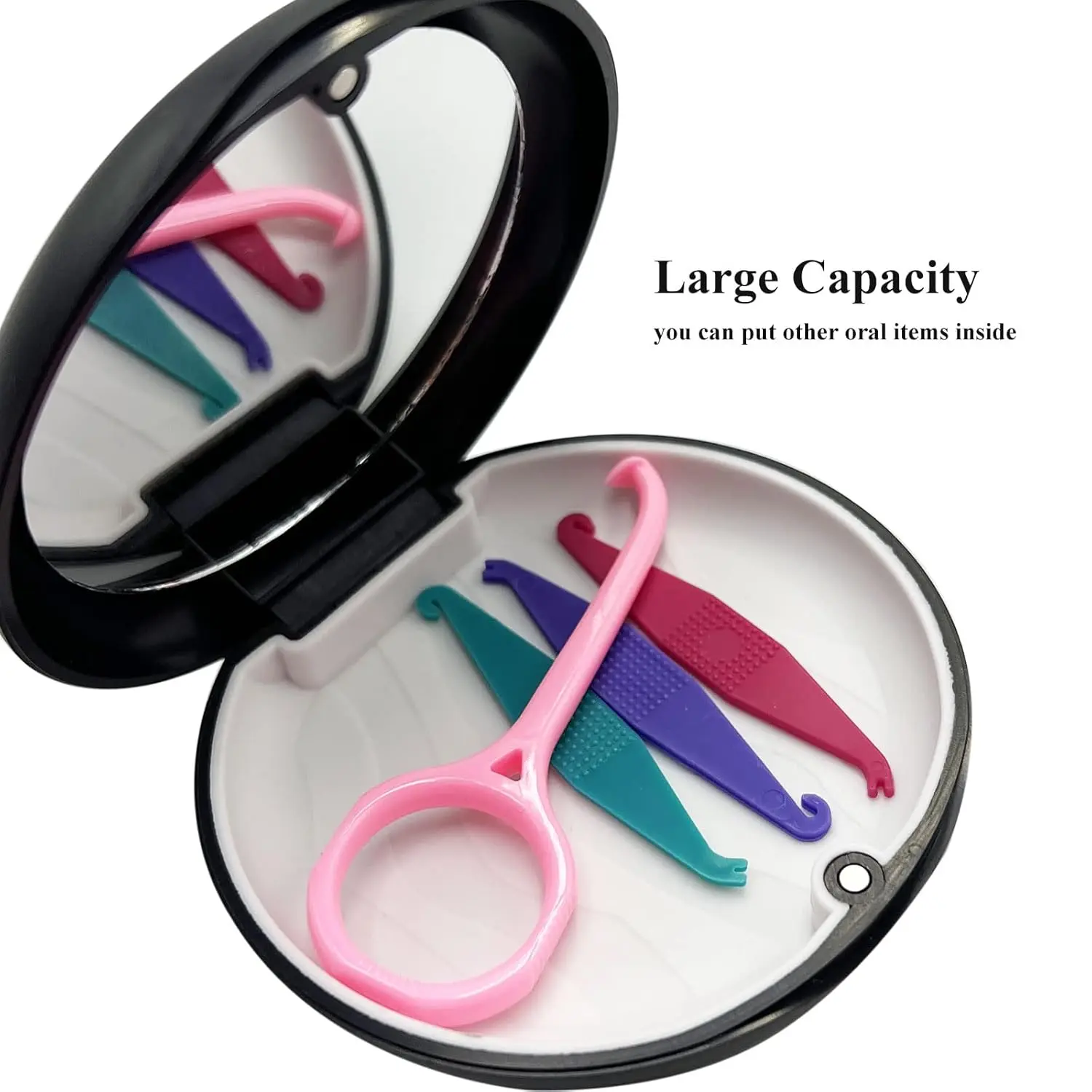 Black orthodontic retainer case with inlaid mirror and magnetic closure for easy aligner removal.