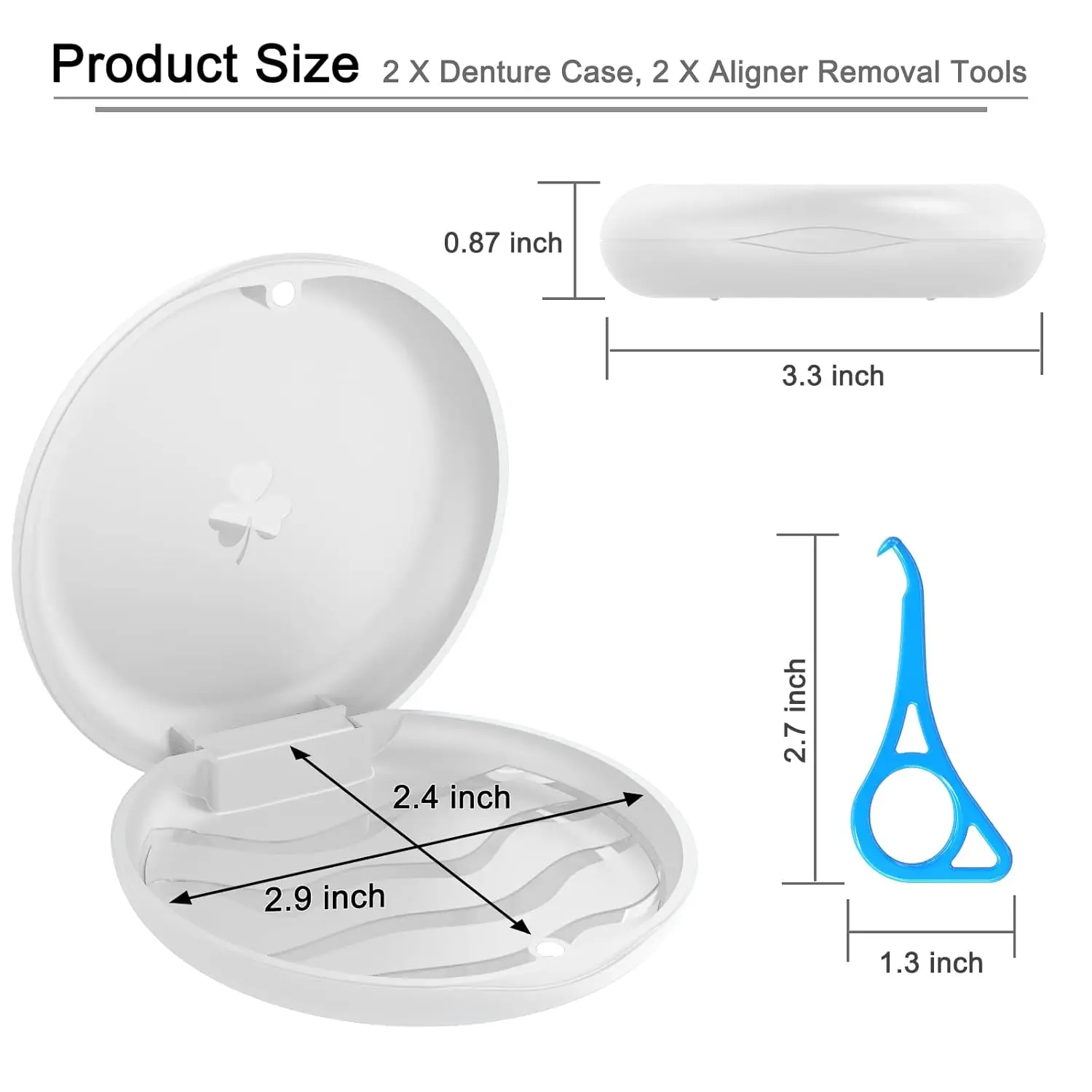 This retainer case set includes two durable, food-grade PC orthodontic boxes with magnetic closure and two aligner removal tools for convenient and hygienic storage and transport of dentures, mouth guards, and retainers.