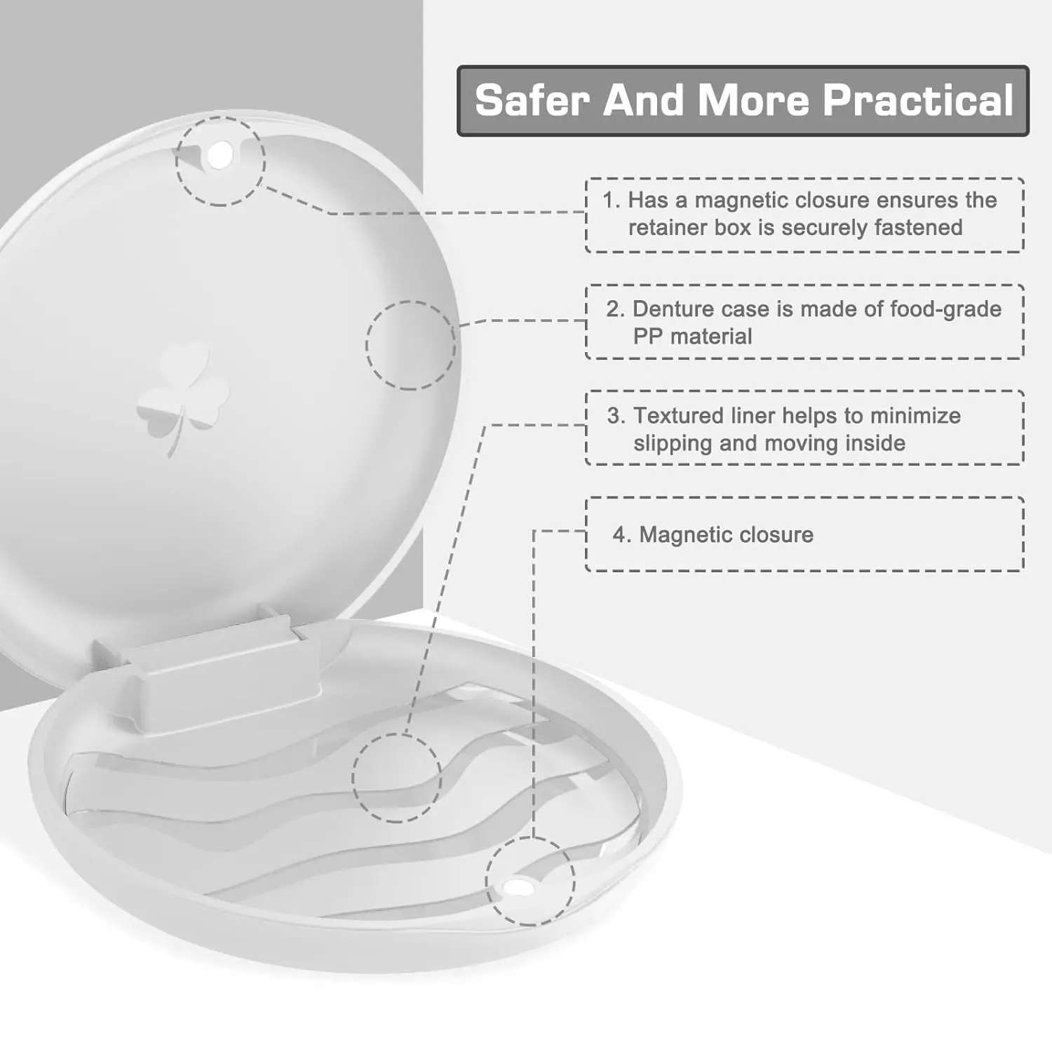 This retainer case set includes two durable, food-grade PC orthodontic boxes with magnetic closure and two aligner removal tools for convenient and hygienic storage and transport of dentures, mouth guards, and retainers.