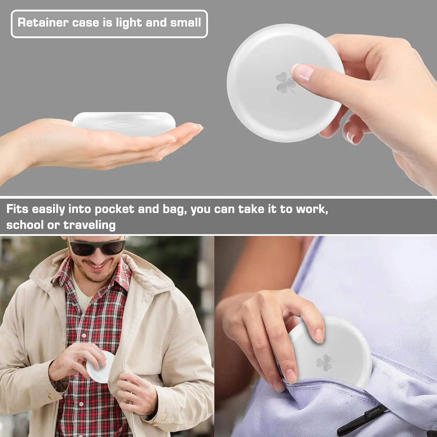 This retainer case set includes two durable, food-grade PC orthodontic boxes with magnetic closure and two aligner removal tools for convenient and hygienic storage and transport of dentures, mouth guards, and retainers.