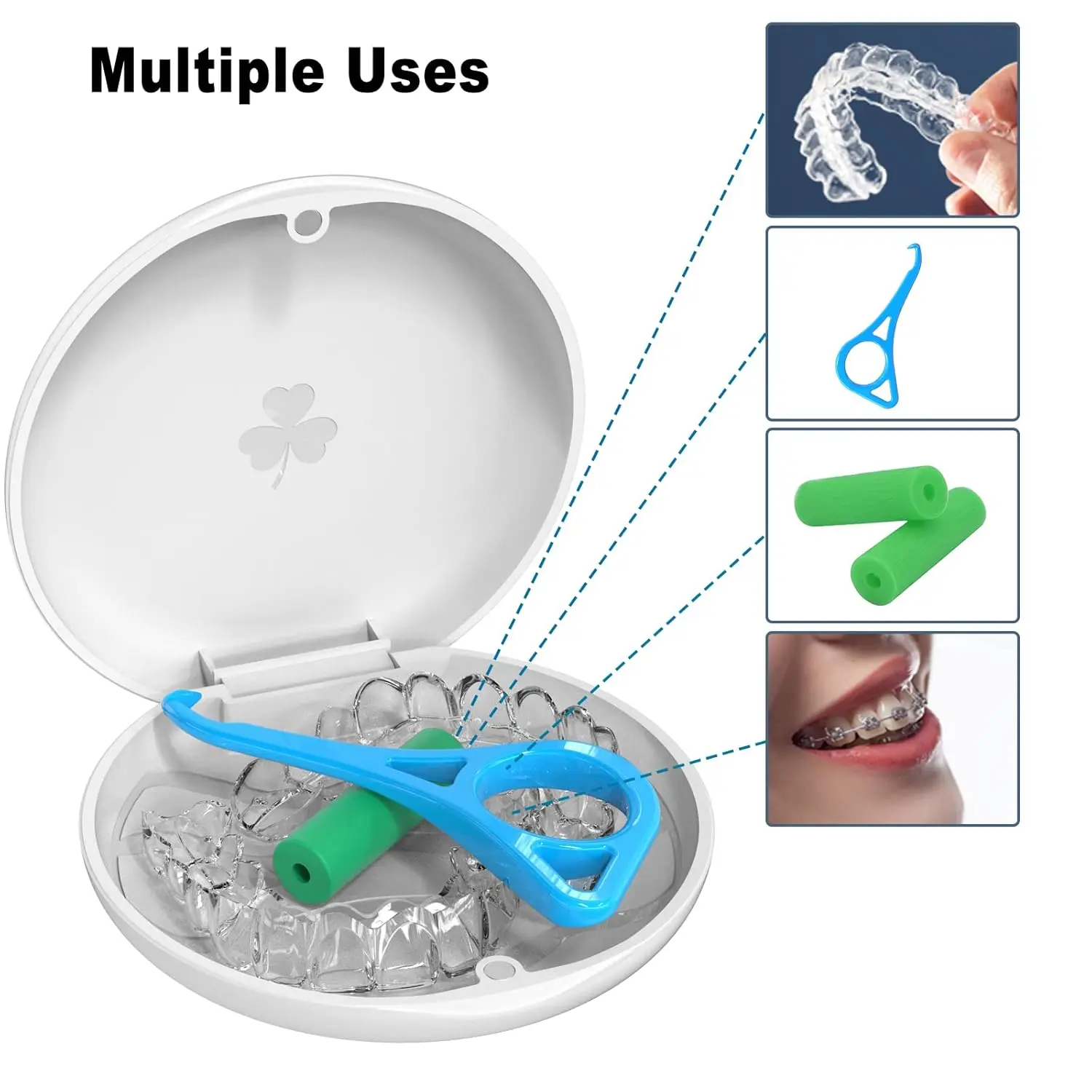 This retainer case set includes two durable, food-grade PC orthodontic boxes with magnetic closure and two aligner removal tools for convenient and hygienic storage and transport of dentures, mouth guards, and retainers.