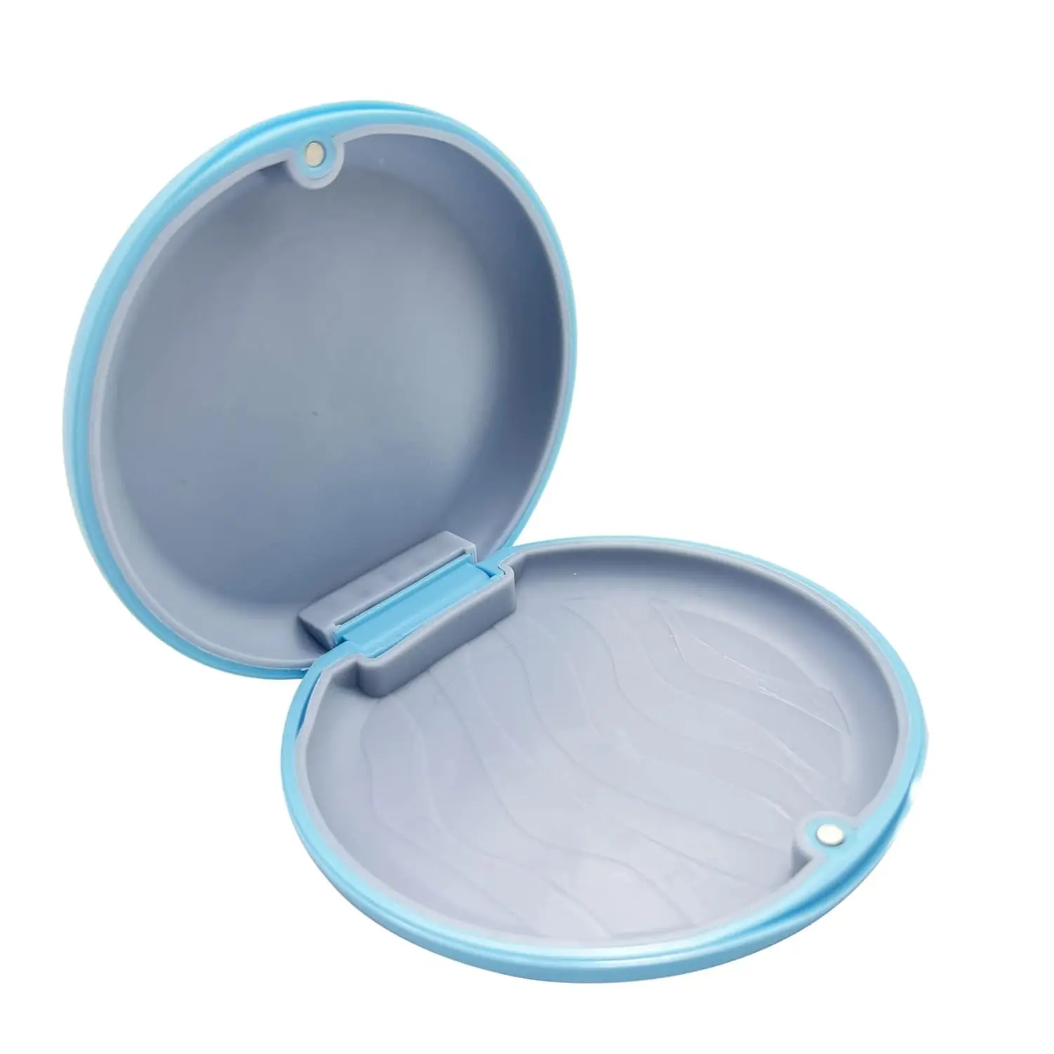 Blue orthodontic retainer case securely holds aligners, mouth guards, and dentures with a magnetic closure and silicone liner.