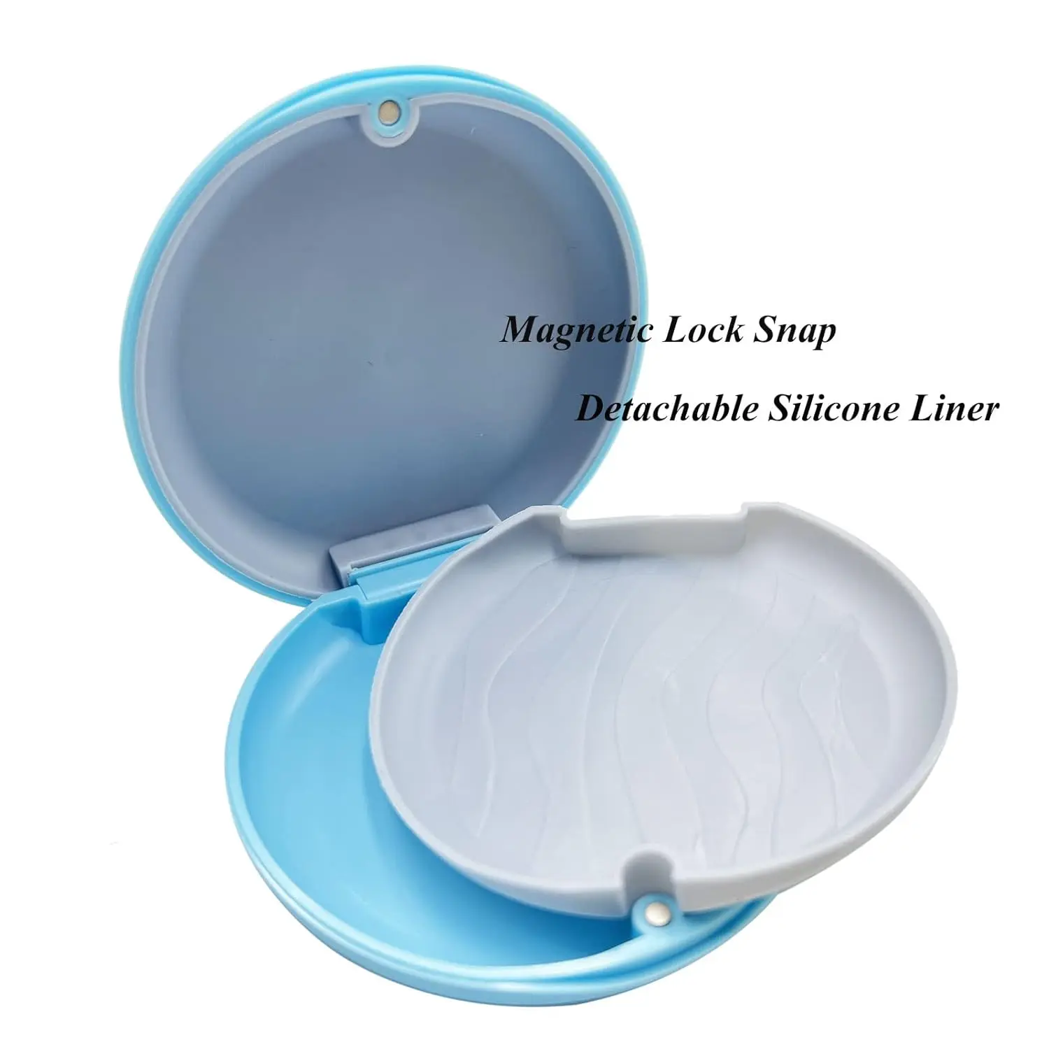 Blue orthodontic retainer case securely holds aligners, mouth guards, and dentures with a magnetic closure and silicone liner.