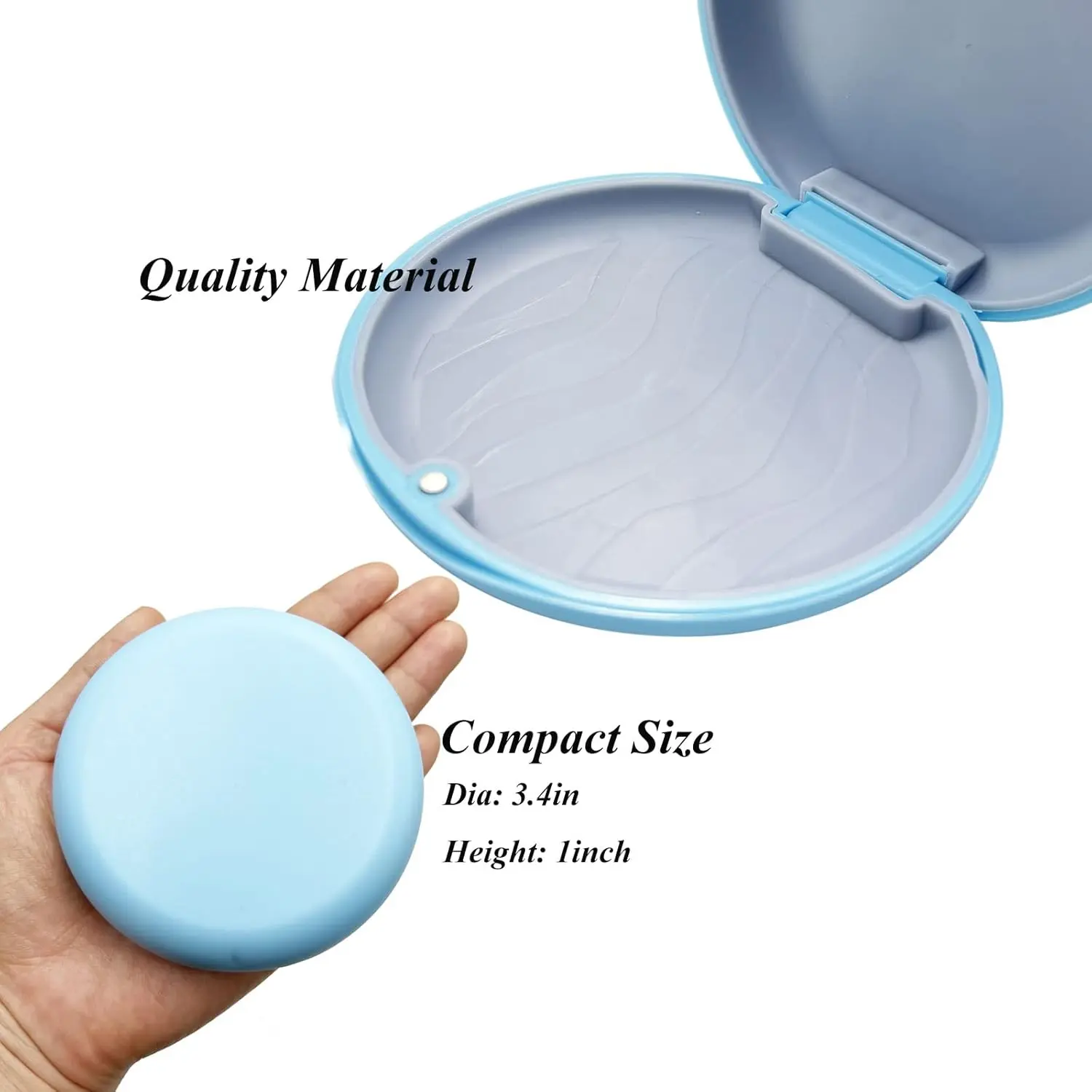 Blue orthodontic retainer case securely holds aligners, mouth guards, and dentures with a magnetic closure and silicone liner.