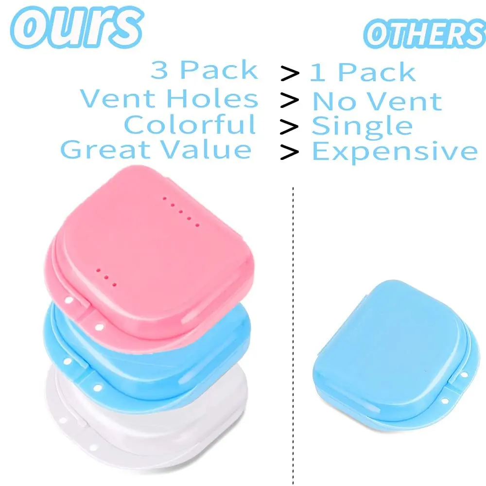 This 3-pack of retainer cases in pink, light blue, and white are light, portable and durable for storing mouthguards, dentures, and orthodontic appliances with a secure locking closure and vent holes for drying and cleaning.