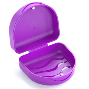 Purple BVN retainer case for storing orthodontic dental devices like aligners, mouth guards, dentures, or night guards, featuring a magnetic closure and anti-slip design.