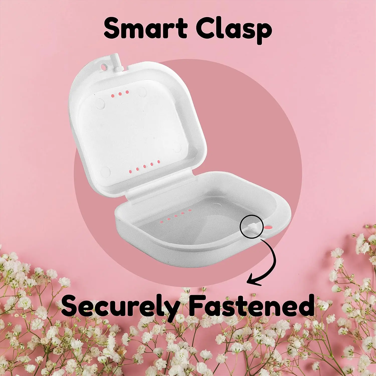 This white retainer case features a cute floral design, offering a durable and elegant way to store your mouthguard or night guard at home or while traveling.