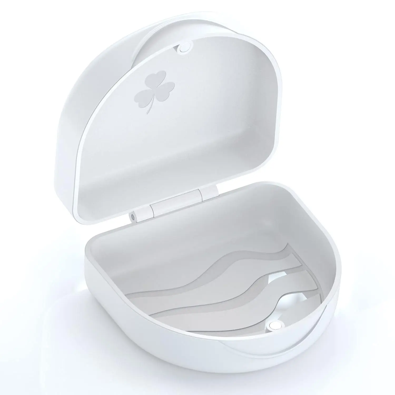 White ARGOMAX retainer case securely holds Invisalign aligners or mouthguards, protecting them from damage in a slim, portable container.