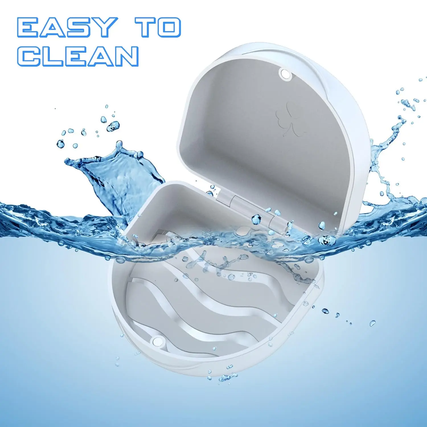 White ARGOMAX retainer case securely holds Invisalign aligners or mouthguards, protecting them from damage in a slim, portable container.