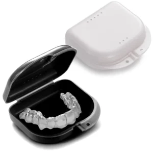 This 2 pack of orthodontic retainer cases in black and white with vent holes keeps Invisalign aligners, mouth guards, and night guards dry and clean.