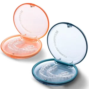 This image shows a two pack of blue and orange retainer cases with magnetic closure, designed for orthodontic mouth guards and aligners, providing a safe and clean storage solution.