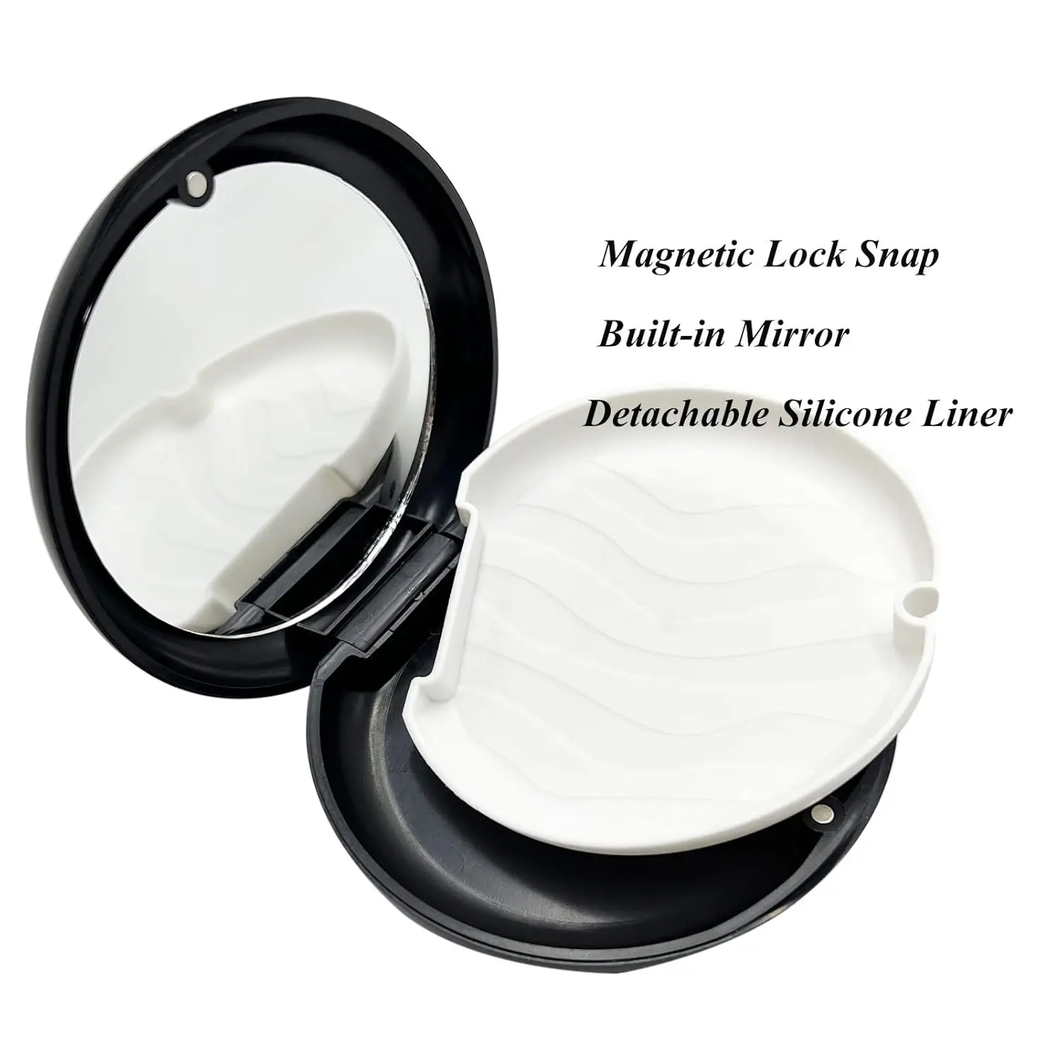 Black orthodontic retainer case with a built-in mirror, ideal for aligners, dentures, and mouthguards, featuring a magnetic lock and silicone interior.