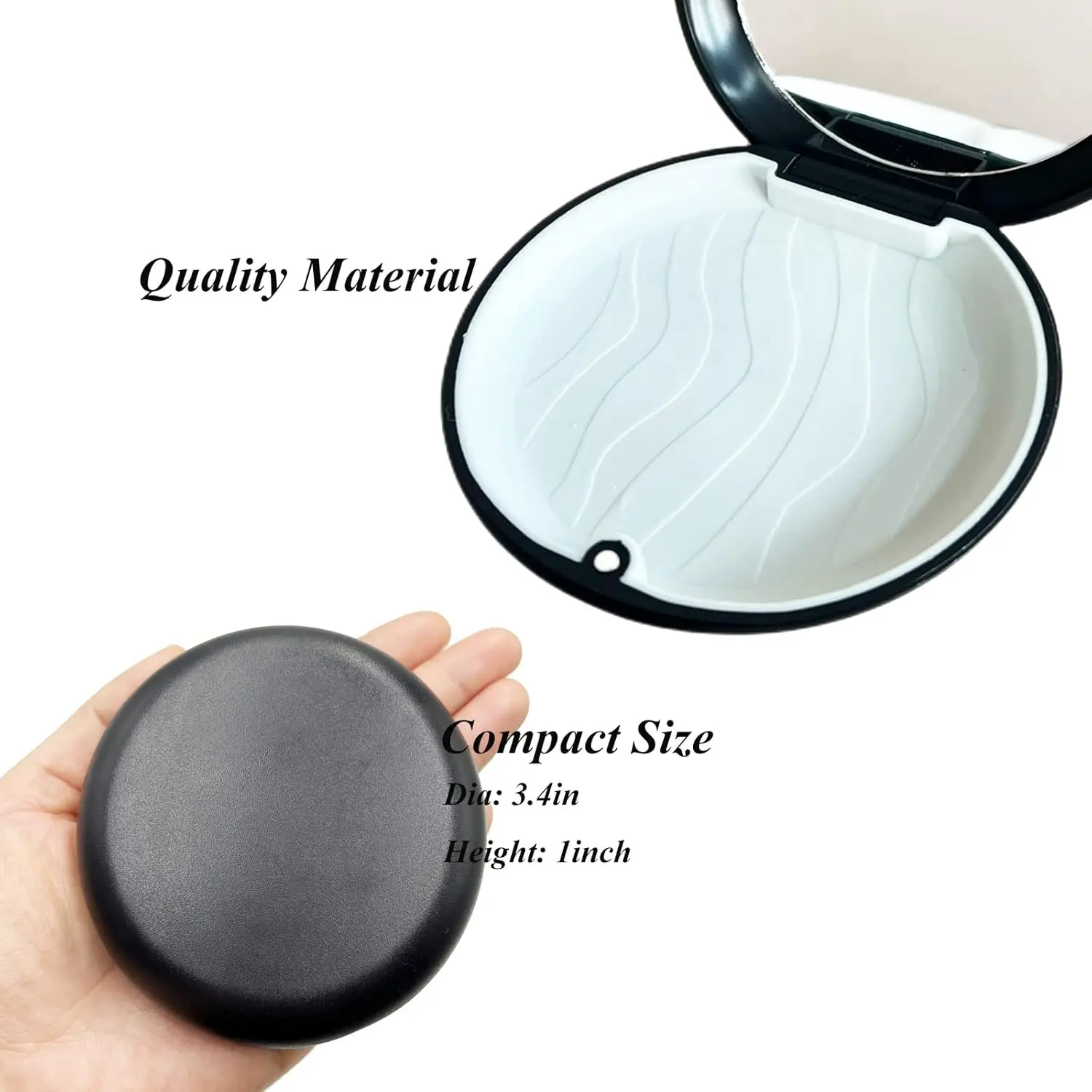 Black orthodontic retainer case with a built-in mirror, ideal for aligners, dentures, and mouthguards, featuring a magnetic lock and silicone interior.