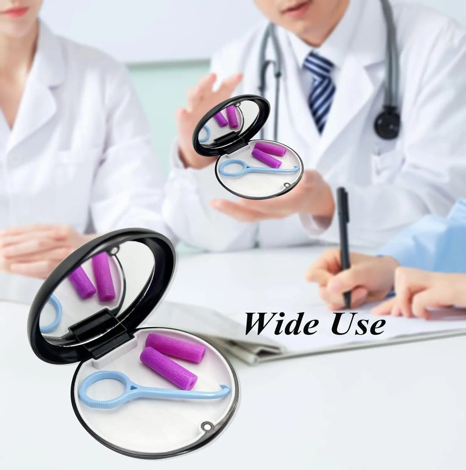 Black orthodontic retainer case with a built-in mirror, ideal for aligners, dentures, and mouthguards, featuring a magnetic lock and silicone interior.