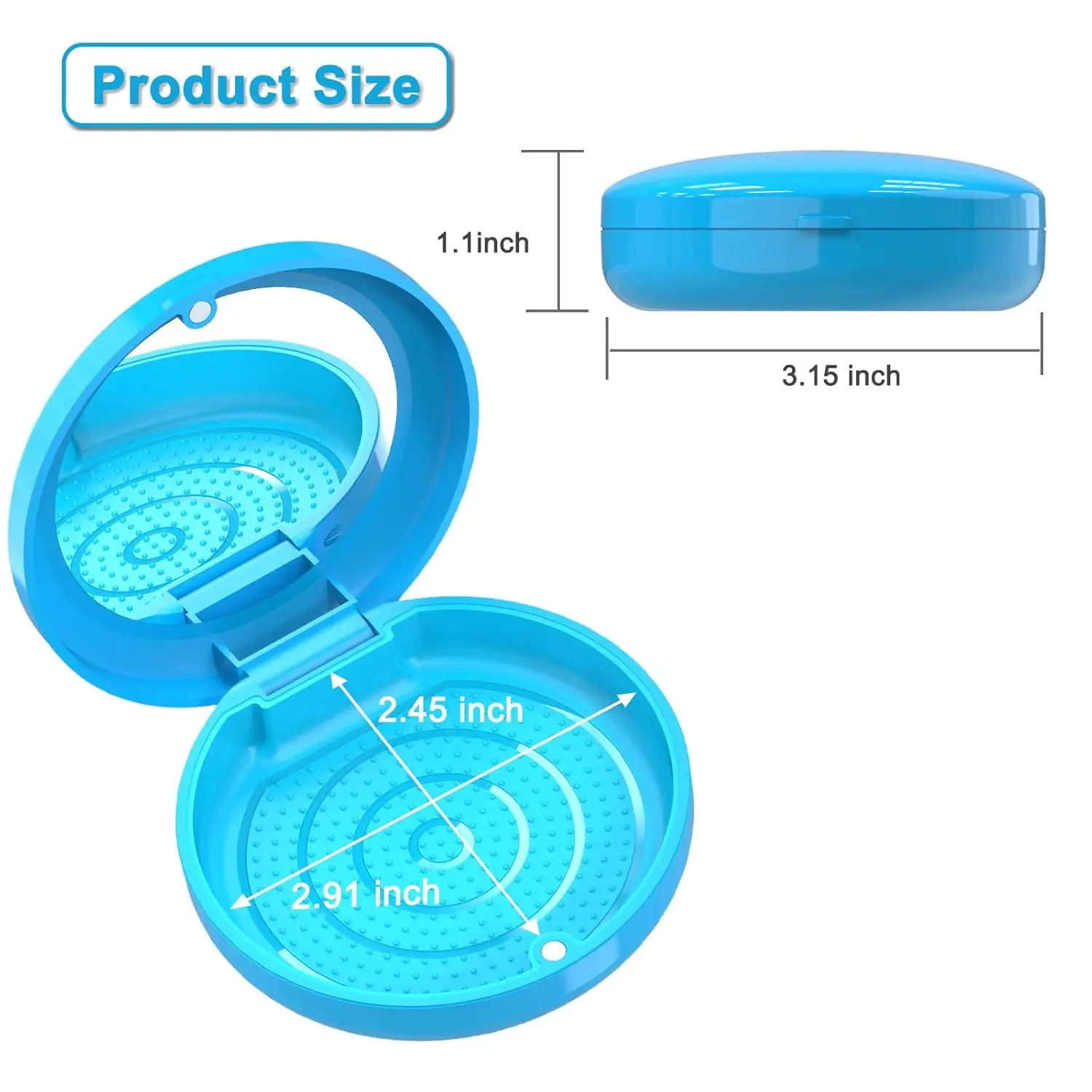 This blue BVN retainer case features a built-in mirror for easy aligner adjustments and provides safe, hygienic storage for mouth guards and other orthodontic appliances.