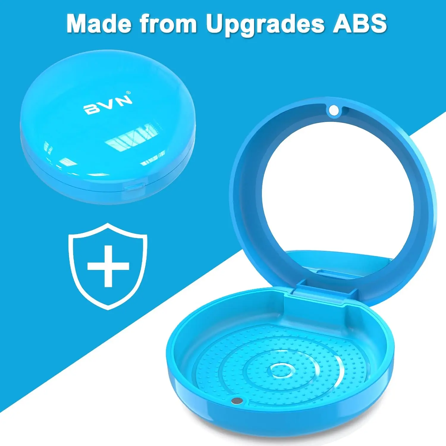 This blue BVN retainer case features a built-in mirror for easy aligner adjustments and provides safe, hygienic storage for mouth guards and other orthodontic appliances.