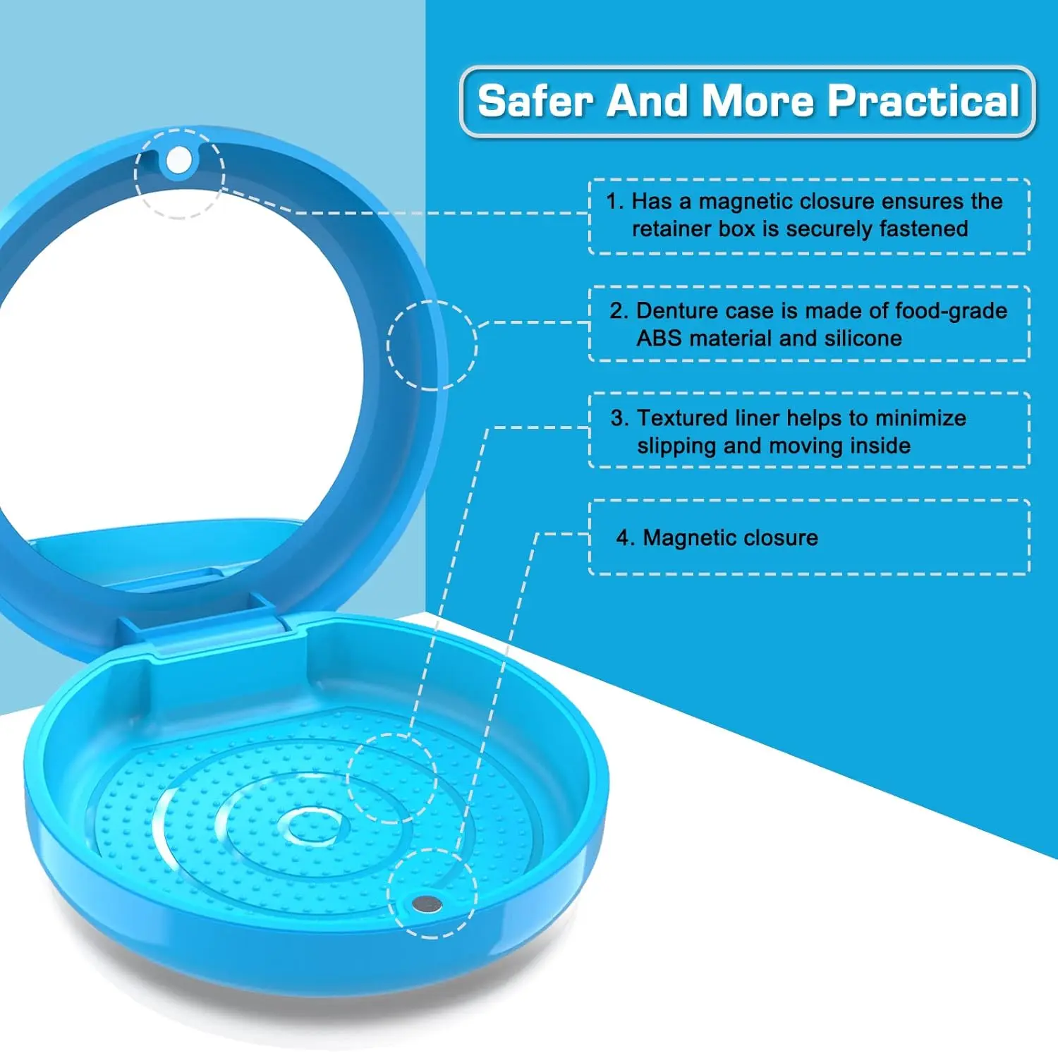 This blue BVN retainer case features a built-in mirror for easy aligner adjustments and provides safe, hygienic storage for mouth guards and other orthodontic appliances.