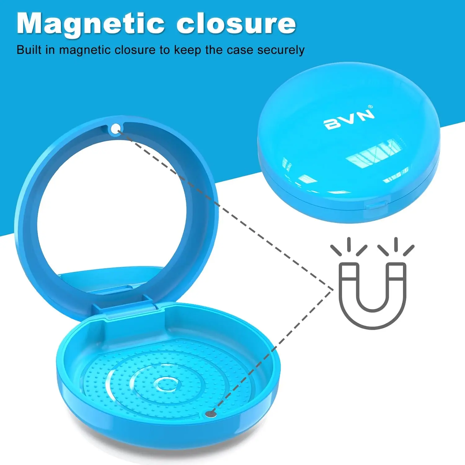 This blue BVN retainer case features a built-in mirror for easy aligner adjustments and provides safe, hygienic storage for mouth guards and other orthodontic appliances.