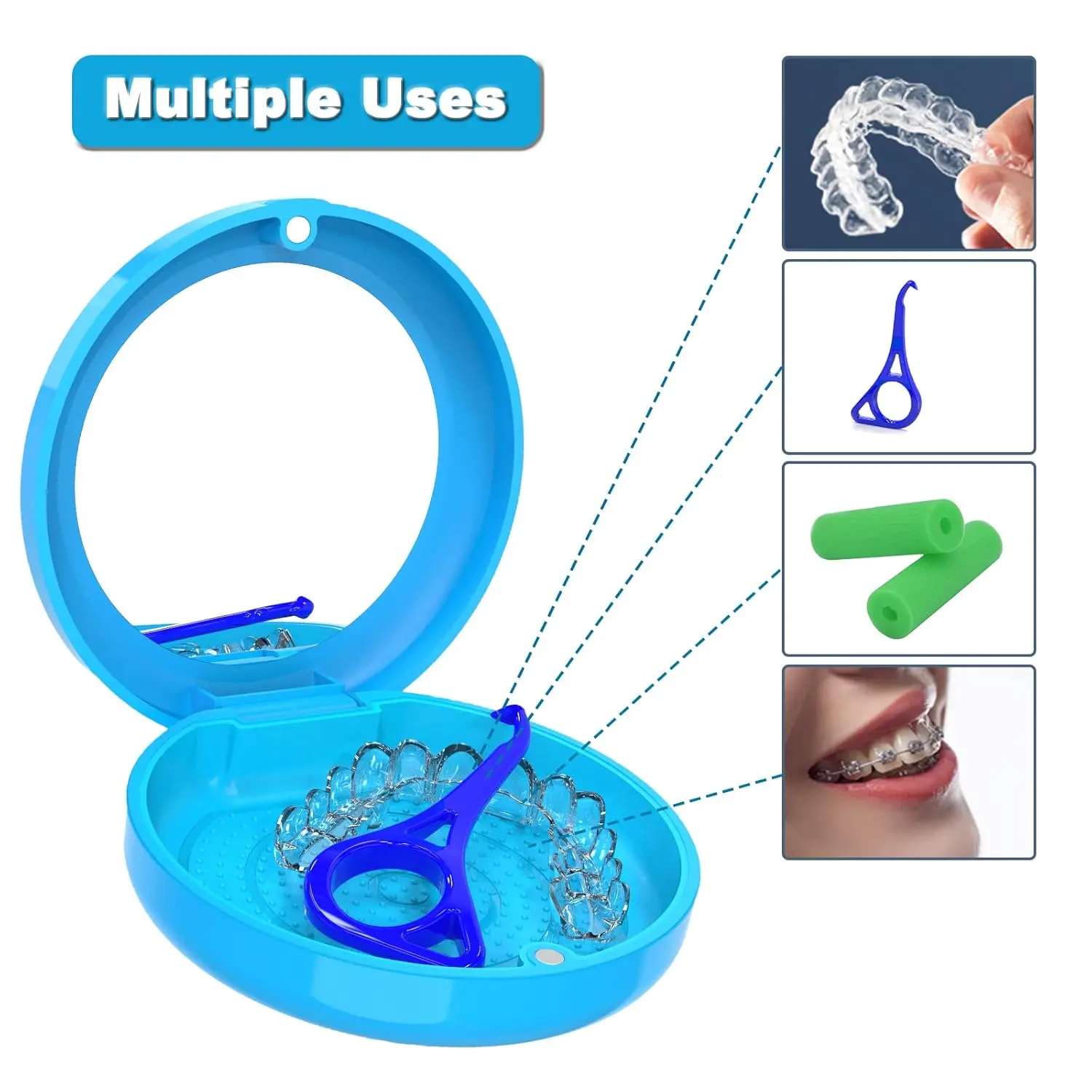 This blue BVN retainer case features a built-in mirror for easy aligner adjustments and provides safe, hygienic storage for mouth guards and other orthodontic appliances.