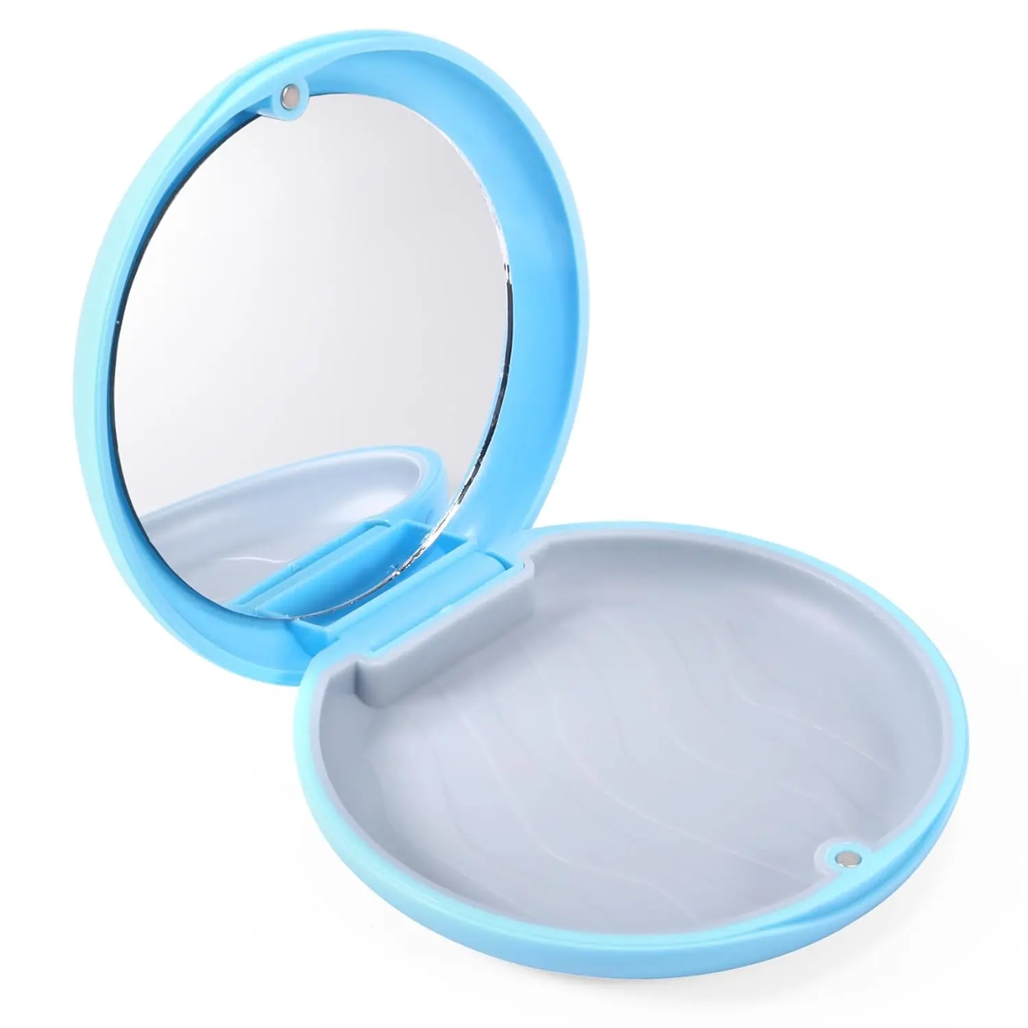 Pink retainer case with mirror provides a clean, dry, and discreet storage solution for mouthguards, aligners, or dentures, featuring a secure magnetic closure and non-slip silicone liner.