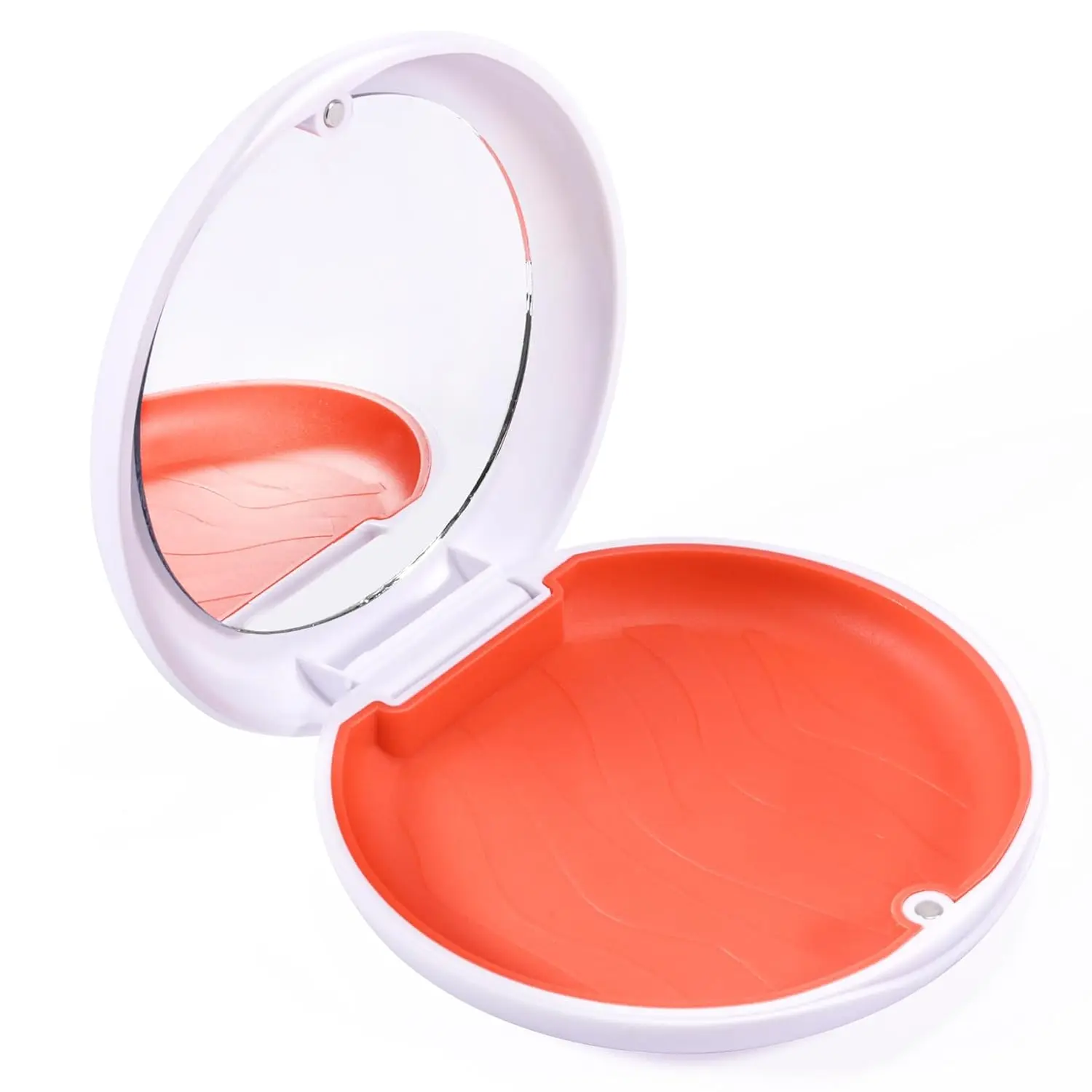 Pink retainer case with mirror provides a clean, dry, and discreet storage solution for mouthguards, aligners, or dentures, featuring a secure magnetic closure and non-slip silicone liner.