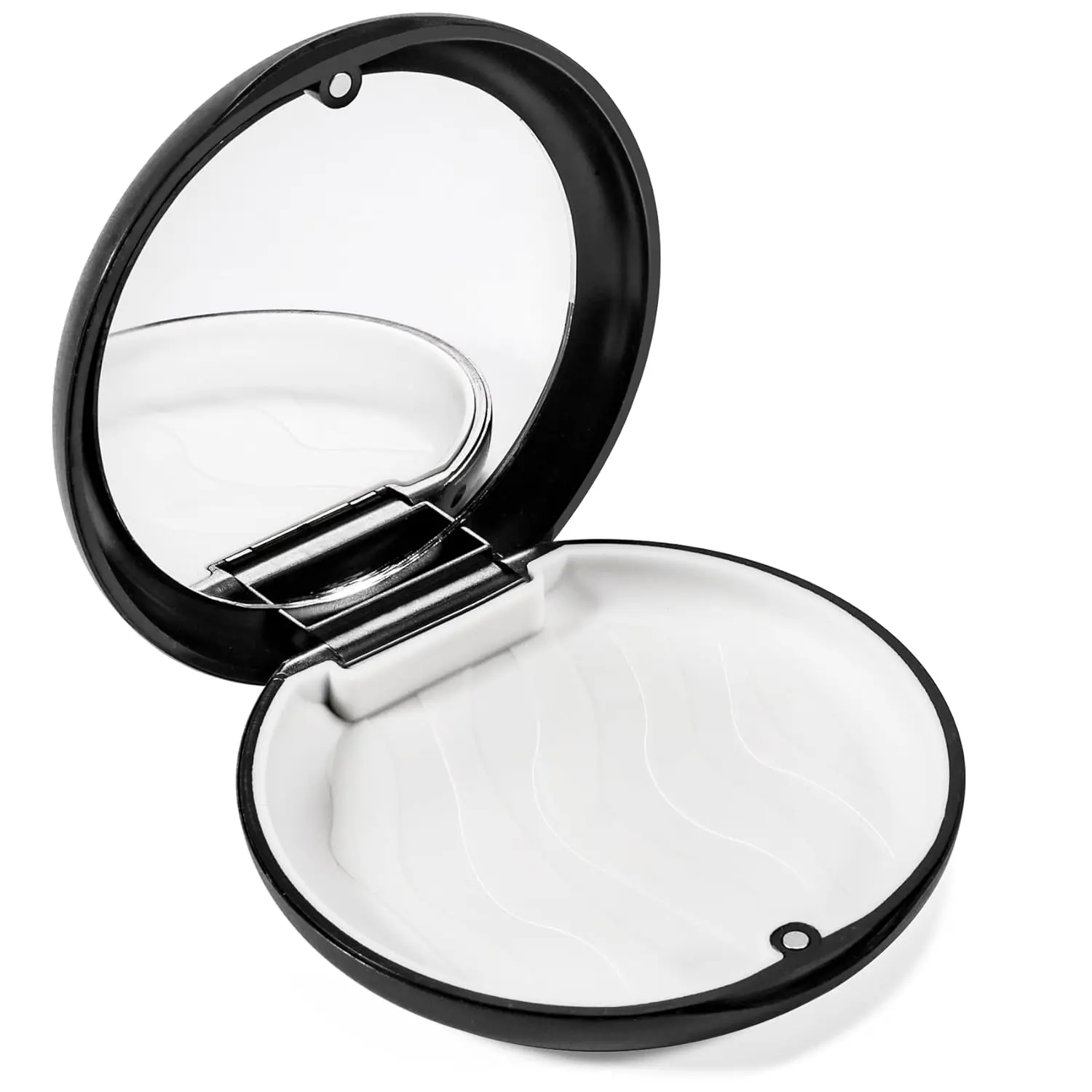 Pink retainer case with mirror provides a clean, dry, and discreet storage solution for mouthguards, aligners, or dentures, featuring a secure magnetic closure and non-slip silicone liner.