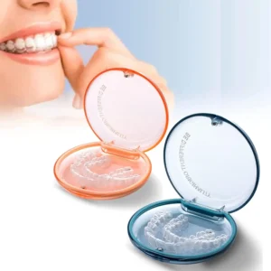 This two pack of retainer cases in blue and orange, features a magnetic closure and hinged lid, perfect for storing orthodontic mouth guards, aligners, or night guards.