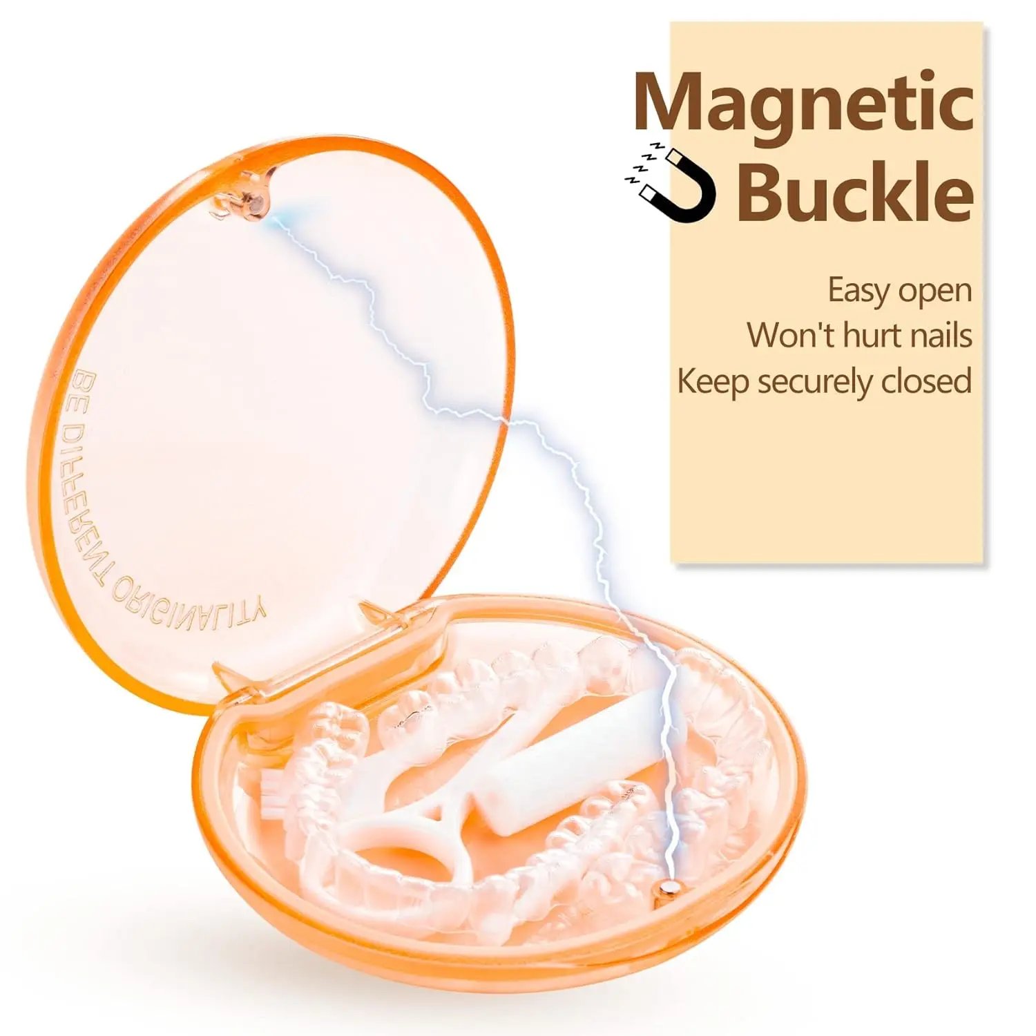 This two pack of retainer cases in blue and orange, features a magnetic closure and hinged lid, perfect for storing orthodontic mouth guards, aligners, or night guards.