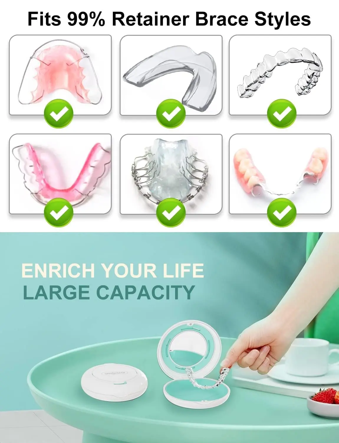 This 2 pack of slim retainer cases in white and pink features a built-in mirror, vent holes, magnetic closure, and a 2-in-1 aligner removal tool, perfect for storing Invisalign, mouth guards, or night guards.