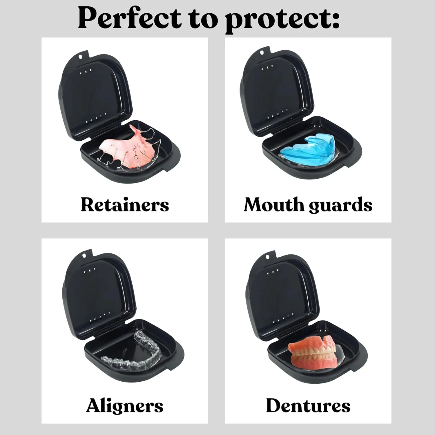 This small, durable retainer case with 16 vent holes provides ventilation for cleaning retainers, aligners, and mouthguards.