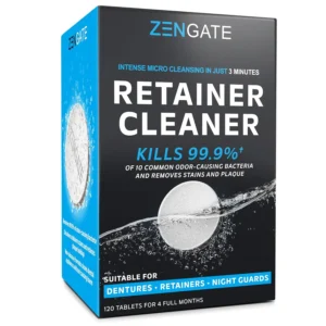 Zengate retainer cleaner tablets quickly clean dentures, mouth guards, aligners, and night guards in just 3 minutes, removing stains, plaque, and over 99.9% of harmful microorganisms, leaving your dental appliances fresh and bright.