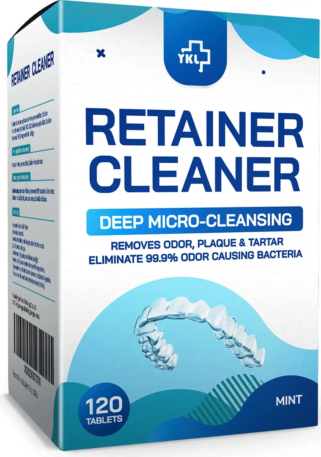 Close-up of YKL retainer cleaning tablets, individually wrapped for convenient and effective cleaning of dental appliances, removing odor and plaque.