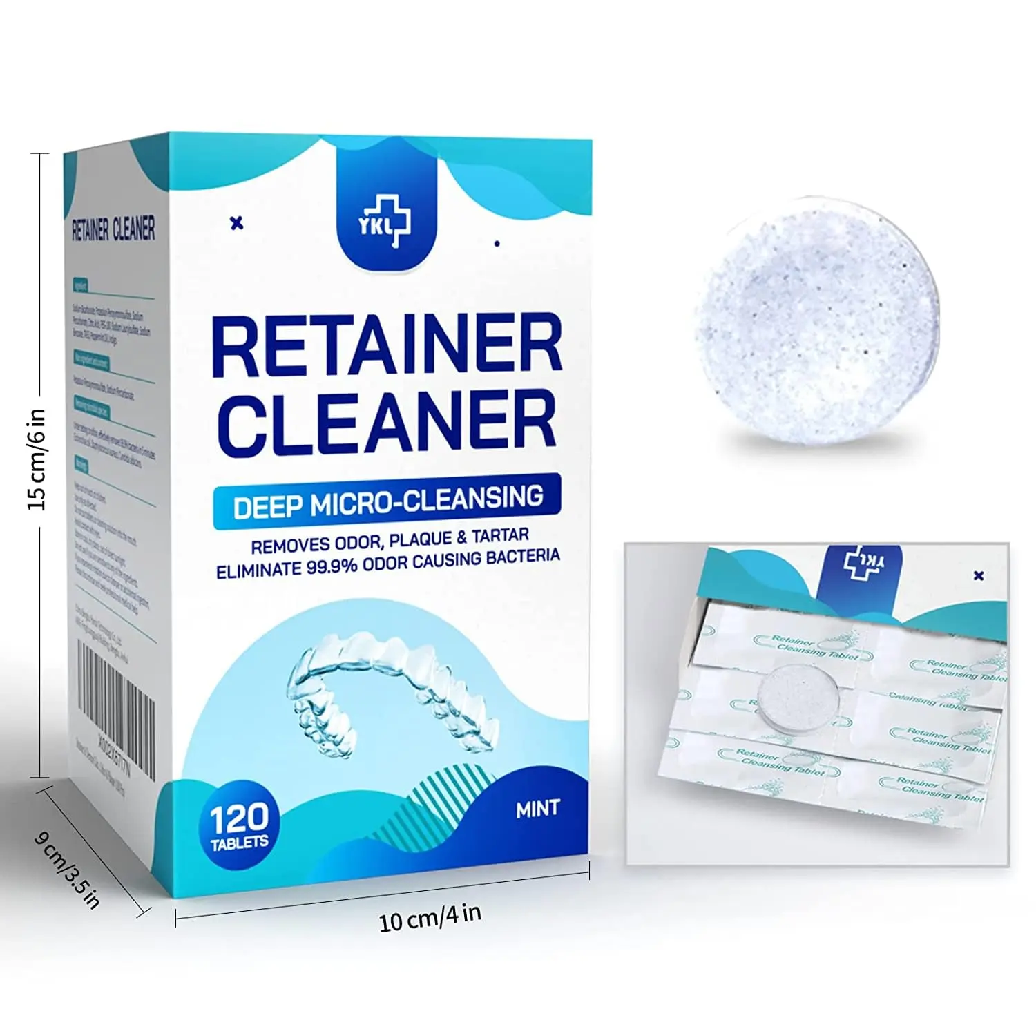 Close-up of YKL retainer cleaning tablets, individually wrapped for convenient and effective cleaning of dental appliances, removing odor and plaque.