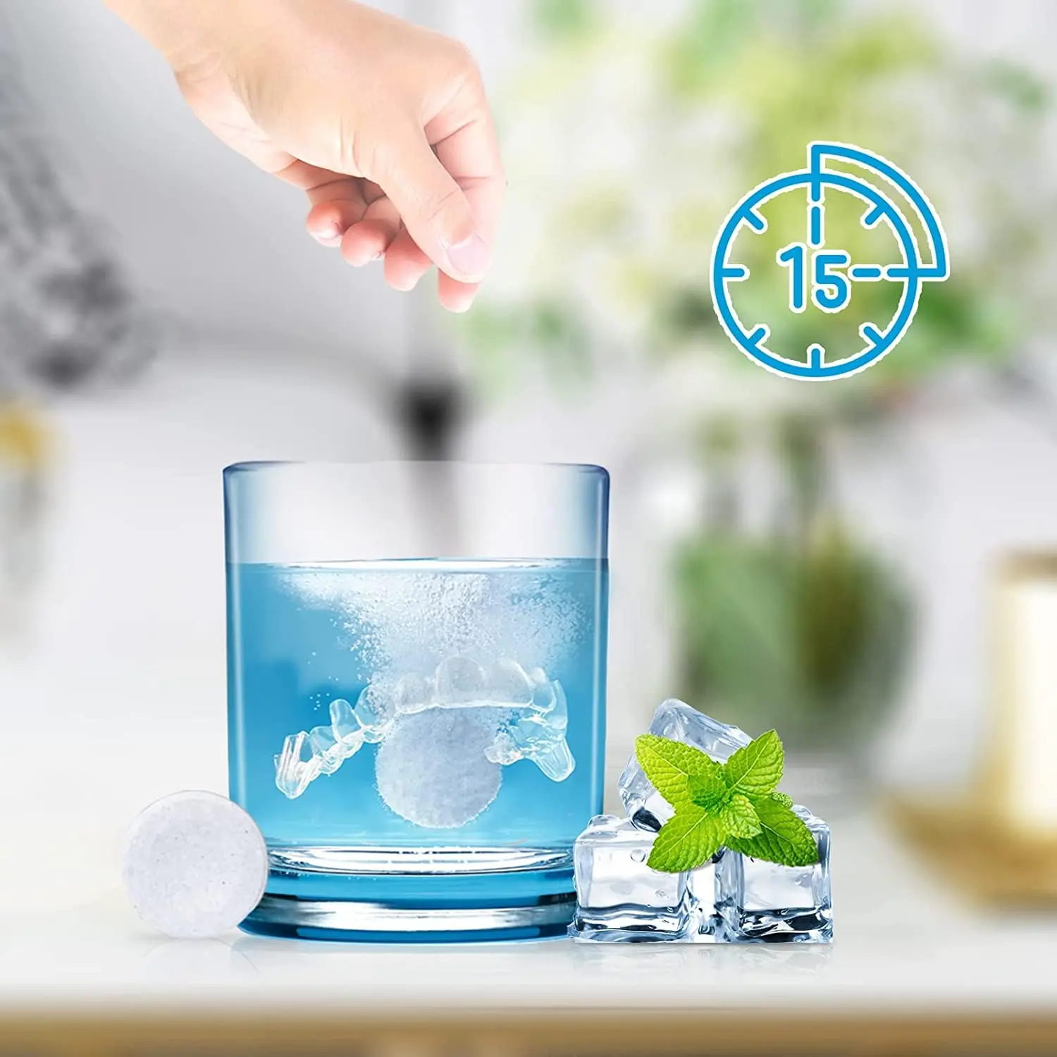 Close-up of YKL retainer cleaning tablets, individually wrapped for convenient and effective cleaning of dental appliances, removing odor and plaque.