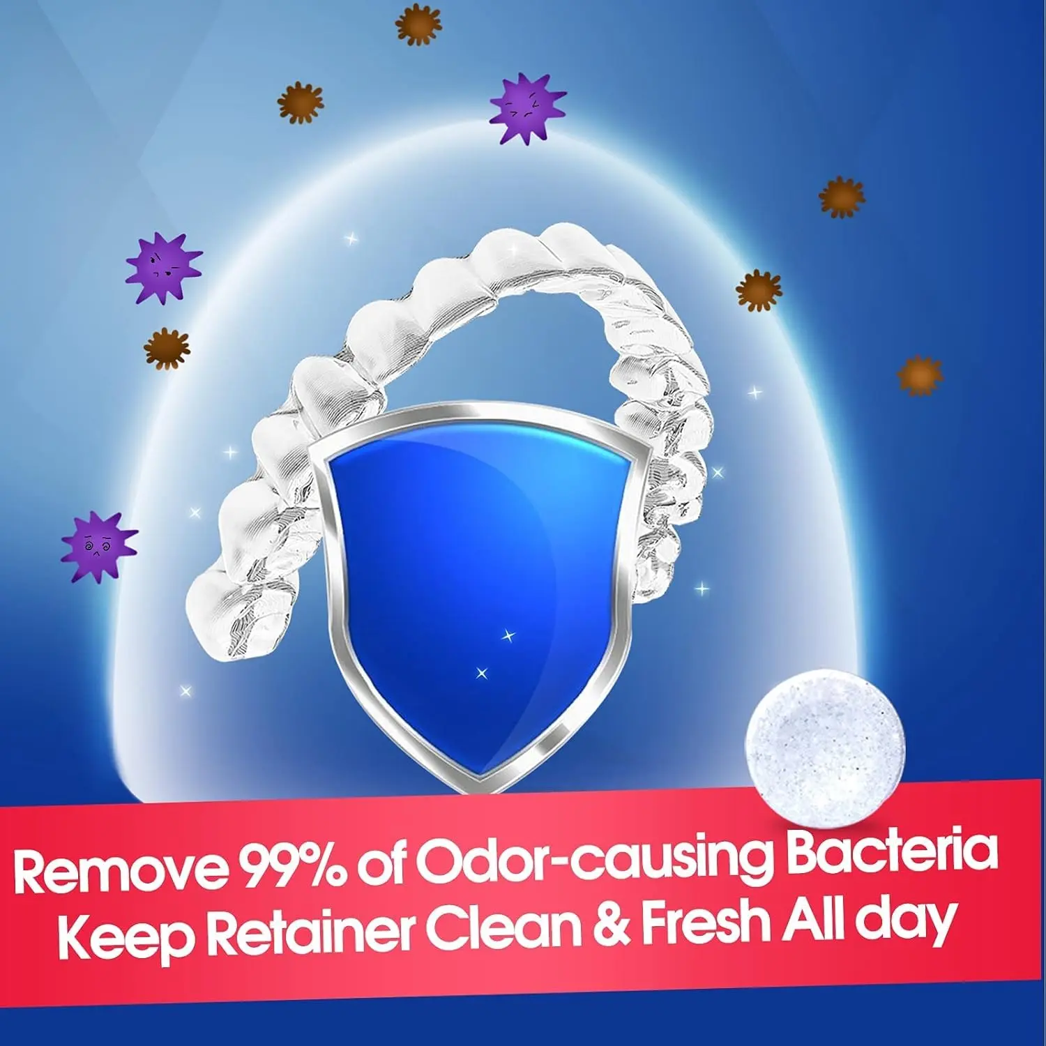 Close-up of YKL retainer cleaning tablets, individually wrapped for convenient and effective cleaning of dental appliances, removing odor and plaque.