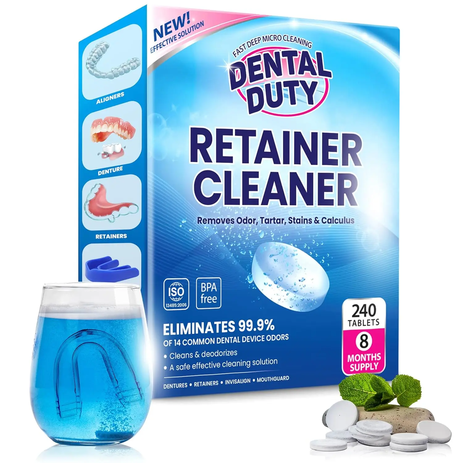 Dental Duty retainer and denture cleaner tablets effectively remove stains, plaque, and odor from dentures, retainers, night guards, and mouth guards, providing a refreshing minty clean for up to 8 months.