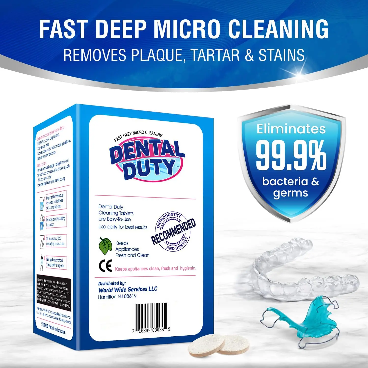 Dental Duty retainer and denture cleaner tablets effectively remove stains, plaque, and odor from dentures, retainers, night guards, and mouth guards, providing a refreshing minty clean for up to 8 months.