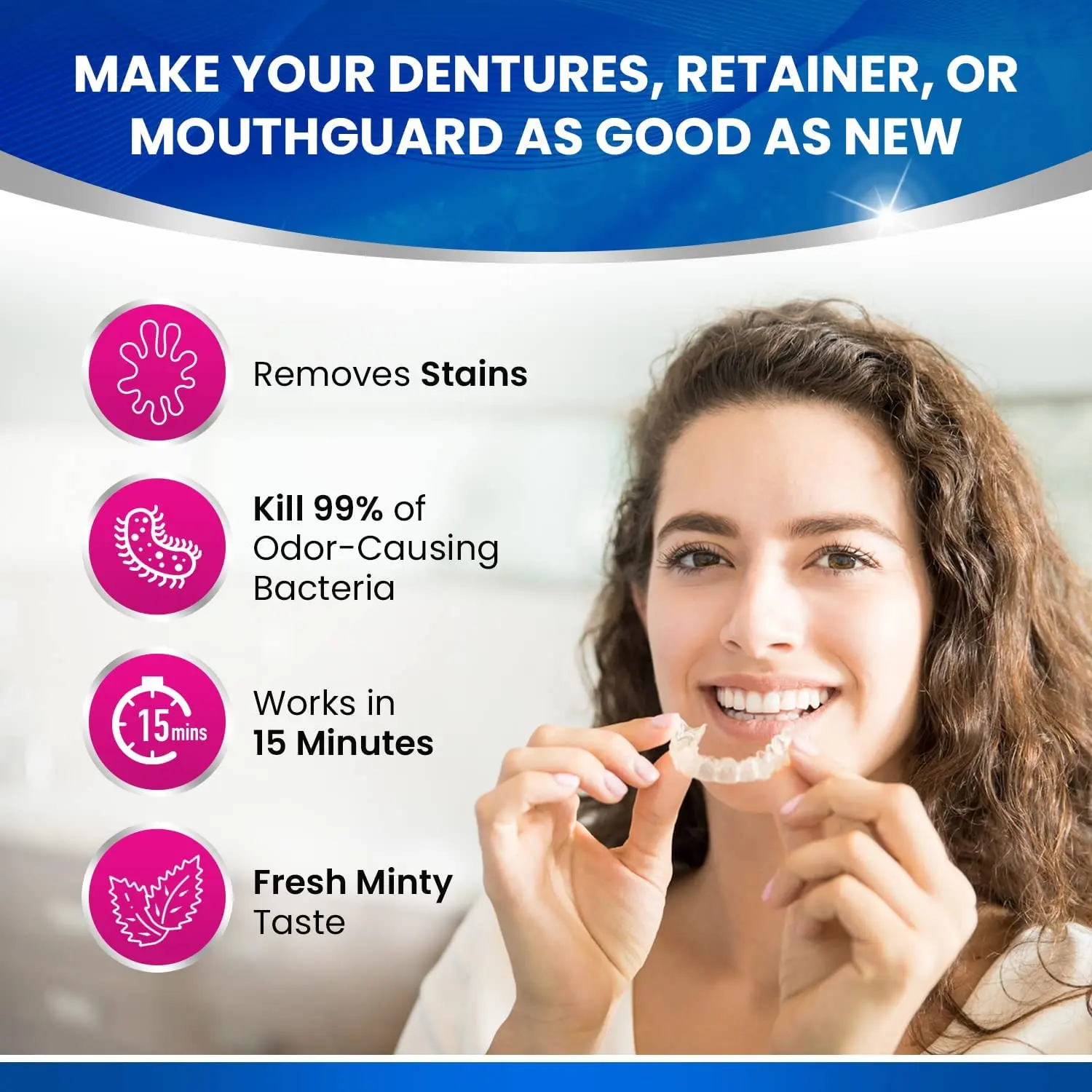 Dental Duty retainer and denture cleaner tablets effectively remove stains, plaque, and odor from dentures, retainers, night guards, and mouth guards, providing a refreshing minty clean for up to 8 months.