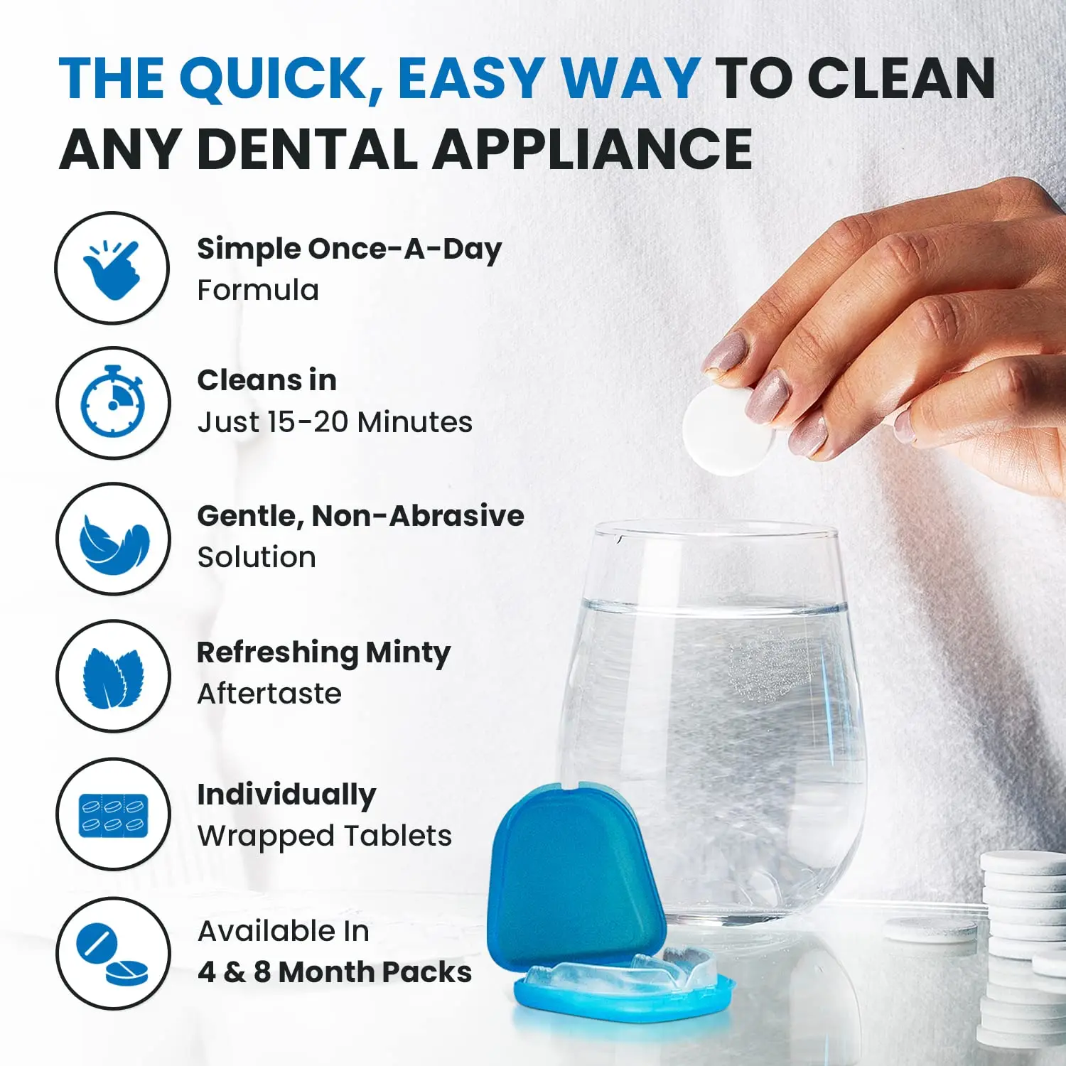 Dental Duty retainer and denture cleaner tablets effectively remove stains, plaque, and odor from dentures, retainers, night guards, and mouth guards, providing a refreshing minty clean for up to 8 months.