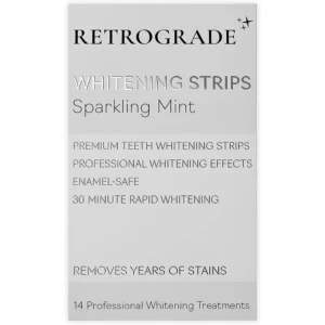 Adult teeth whitening strips by Retrograde Skin Care for a 14-day treatment, offering a premium mint-flavored experience for a brighter smile.